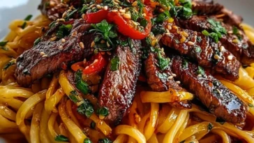 Sweet and Spicy Garlic Steak Pasta- 1