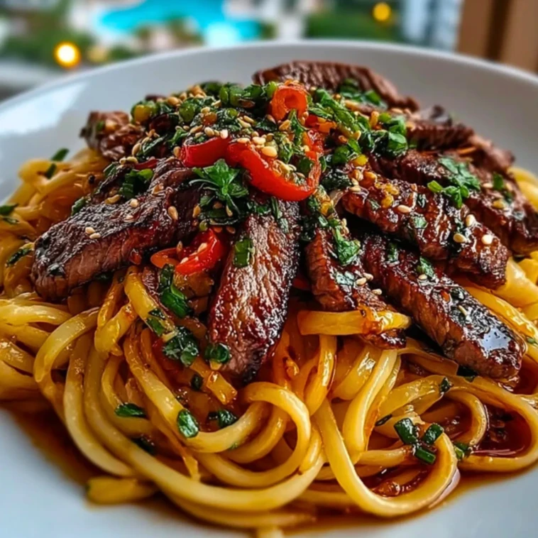 Sweet and Spicy Garlic Steak Pasta- 1