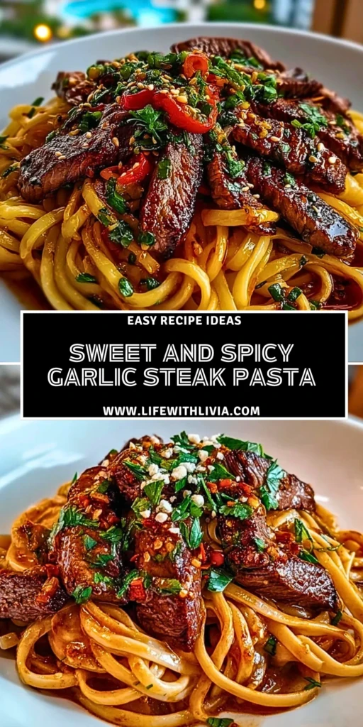 Sweet and Spicy Garlic Steak Pasta - Pin 1